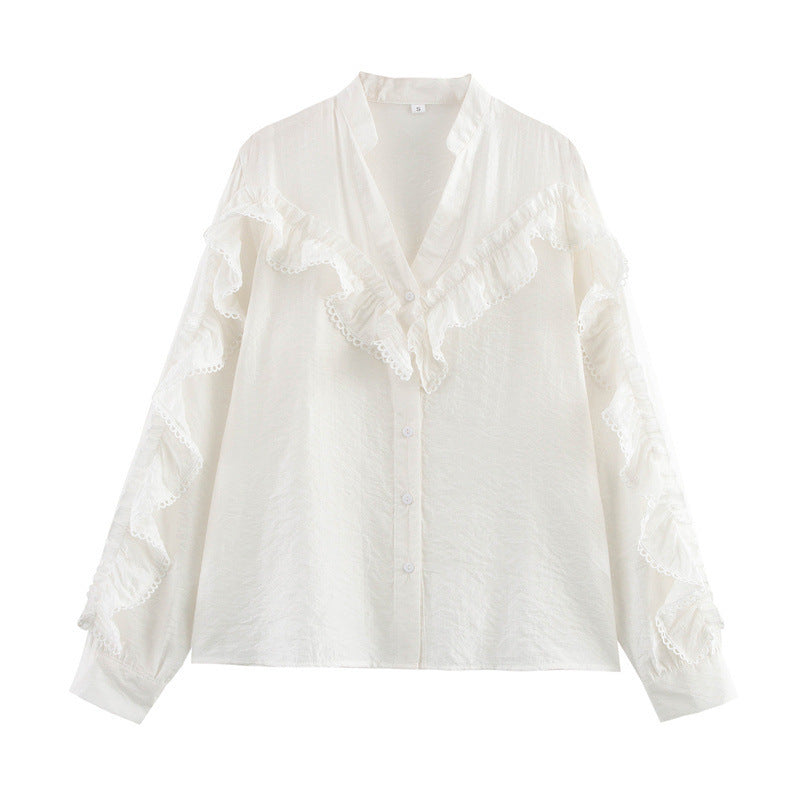 Vertical Lace Laminated Decoration Shirt