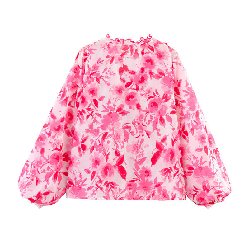 Floral Print Long Sleeve Laminated Decoration Long Sleeve Shirt