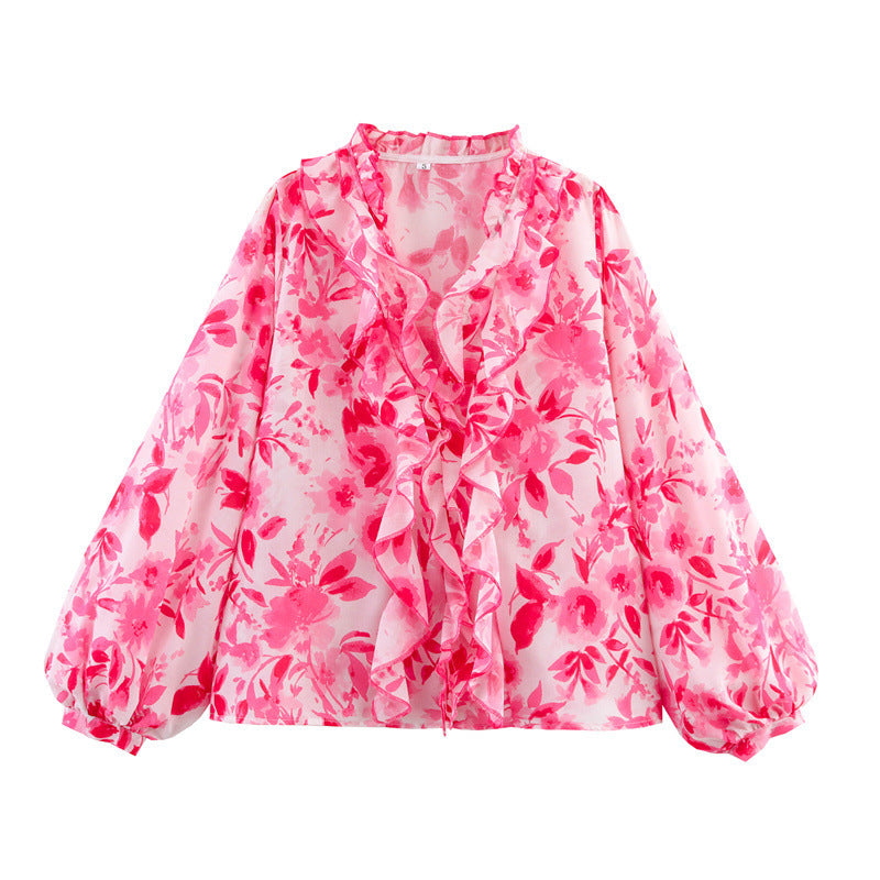 Floral Print Long Sleeve Laminated Decoration Long Sleeve Shirt