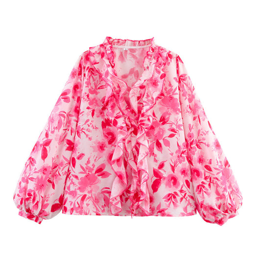 Floral Print Long Sleeve Laminated Decoration Long Sleeve Shirt