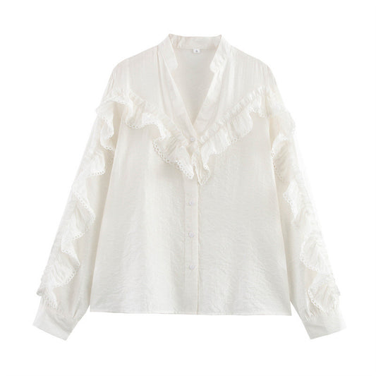 Vertical Lace Laminated Decoration Shirt
