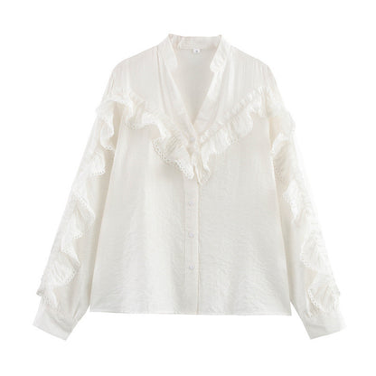 Vertical Lace Laminated Decoration Shirt